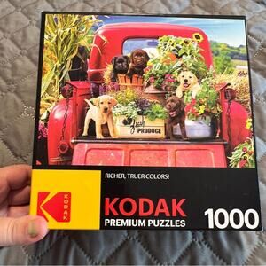 Kodak 1000 Piece Jigsaw Puzzle Dogs in Old Red Farm Truck Scene Flowers